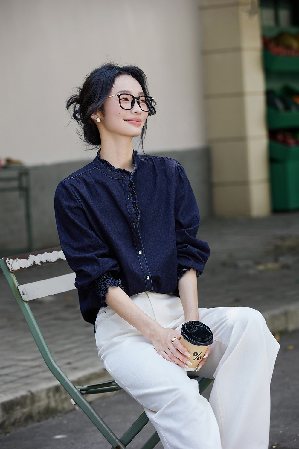 Designer Loose Stand-up Denim Long Sleeve Cotton Shirt-VIMLYSTORE