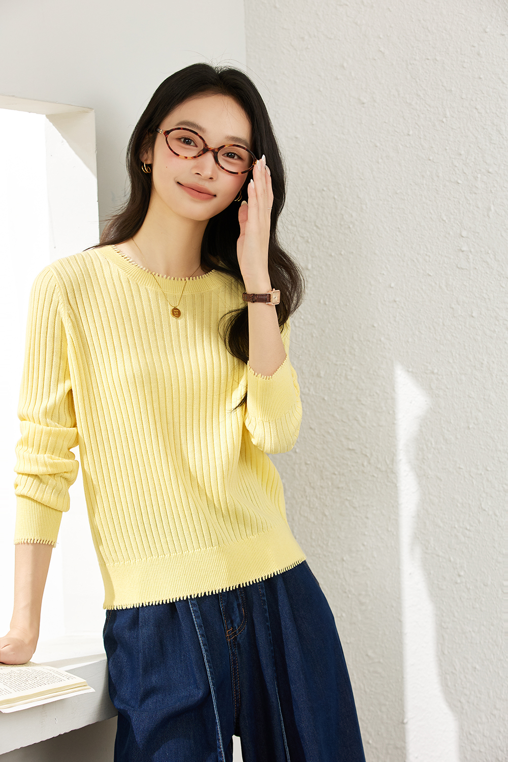 Ribbed Wool Blend Loose Round Neck Knitted Top-VIMLYSTORE