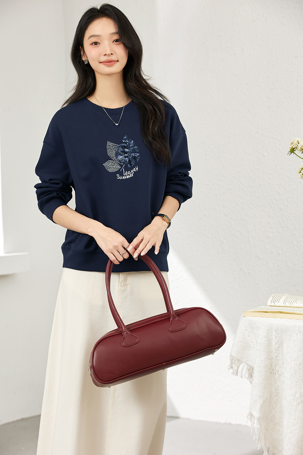 Elegant Slimming Embroidered Sequin Round Neck Long Sleeve Sweatshirt-VIMLYSTORE