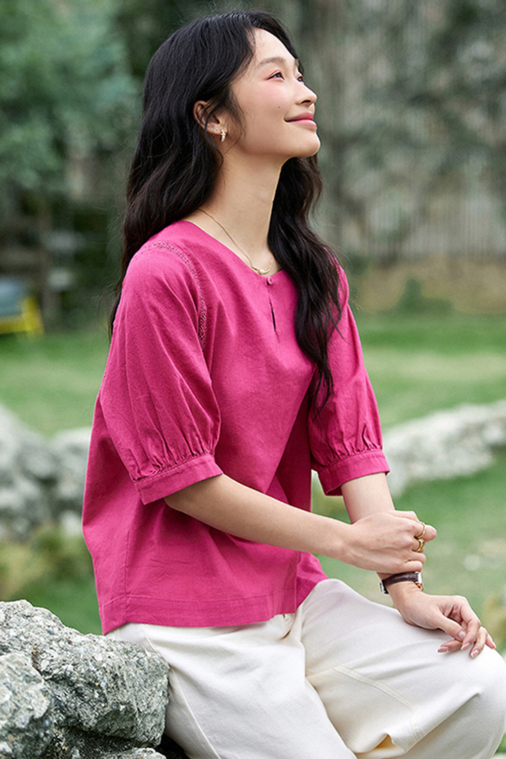 Stylish Raspberry Pink Lace Trim Round-Neck Blouse-VIMLYSTORE