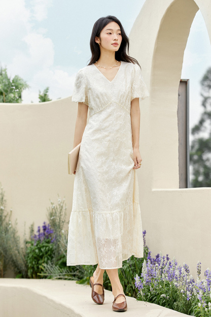 French V-Neck Cutout 3D Embroidered Puff Sleeve Maxi Dress