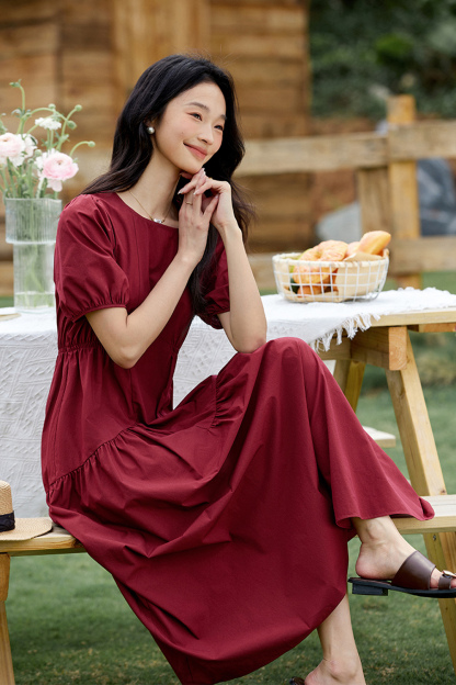 French Retro Asymmetrical Shirred Puff Sleeve Maxi Dress