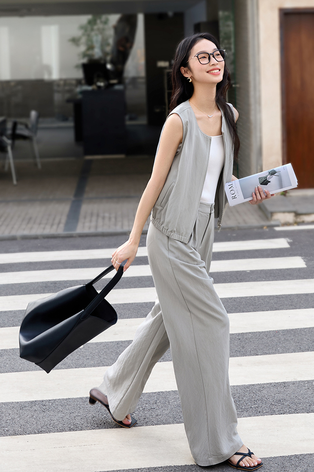 Fashion Casual Sleeveless Top with Wide-Leg Pants Two-Piece Set