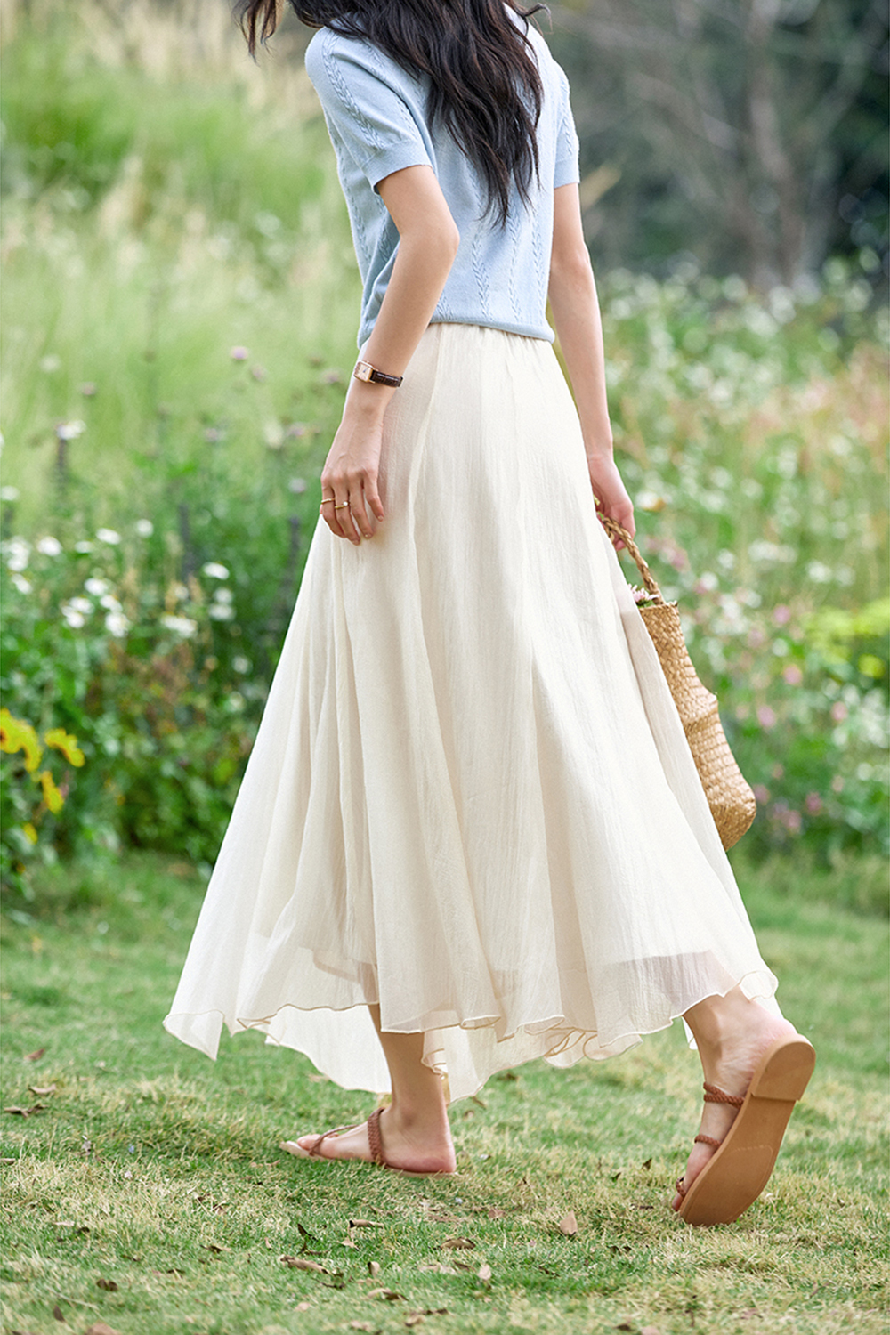 Elegant and Gentle High-Waist A-Line Flowy Maxi Dress with Draping-VIMLYSTORE