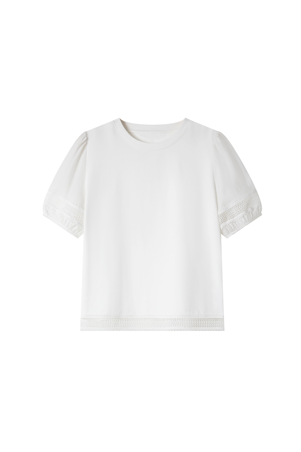 Lace Trim Lantern Sleeve Round Neck Short Sleeve T-Shirt-VIMLYSTORE