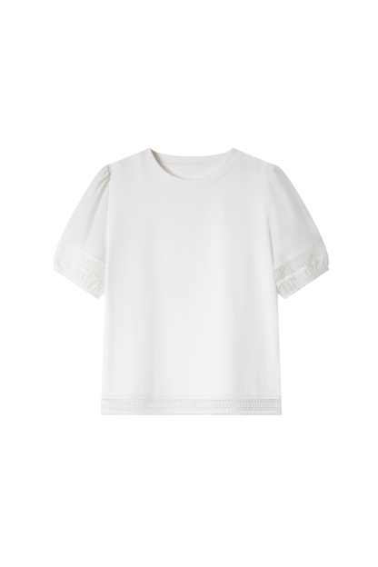 Lace Trim Lantern Sleeve Round Neck Short Sleeve T-Shirt-VIMLYSTORE