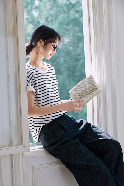 Color Block Striped Short Sleeve Round Neck T-Shirt
