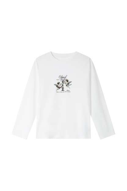 Relaxed Fit Long-Sleeve Tee with Cherub Print-VIMLYSTORE