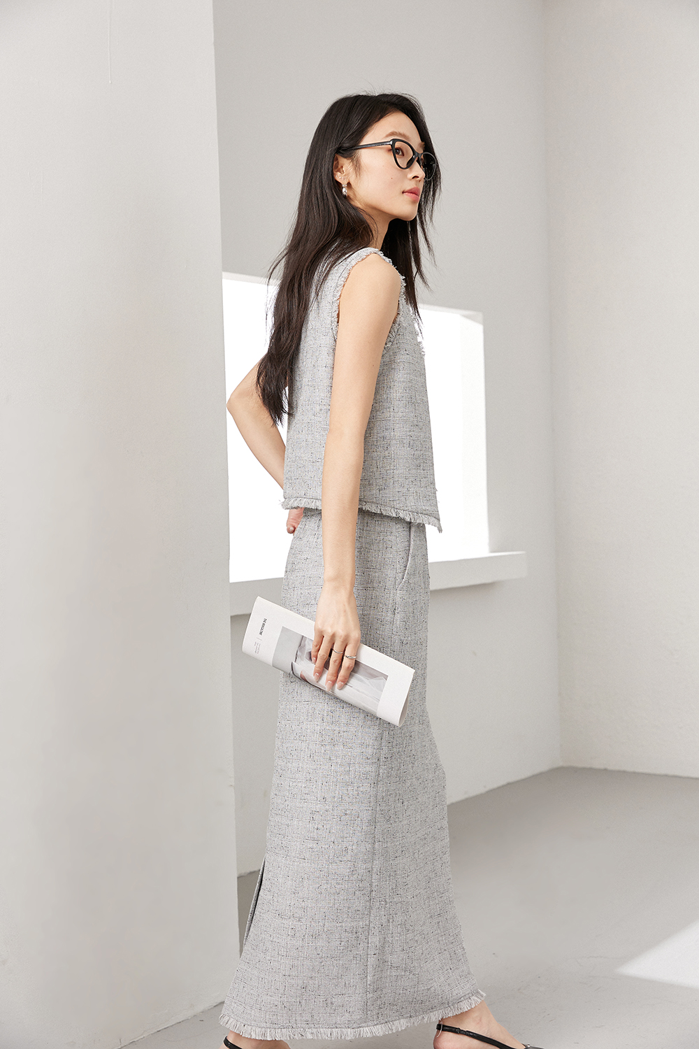 Tweed Vest & Skirt Twin Set in Heather Gray-VIMLYSTORE