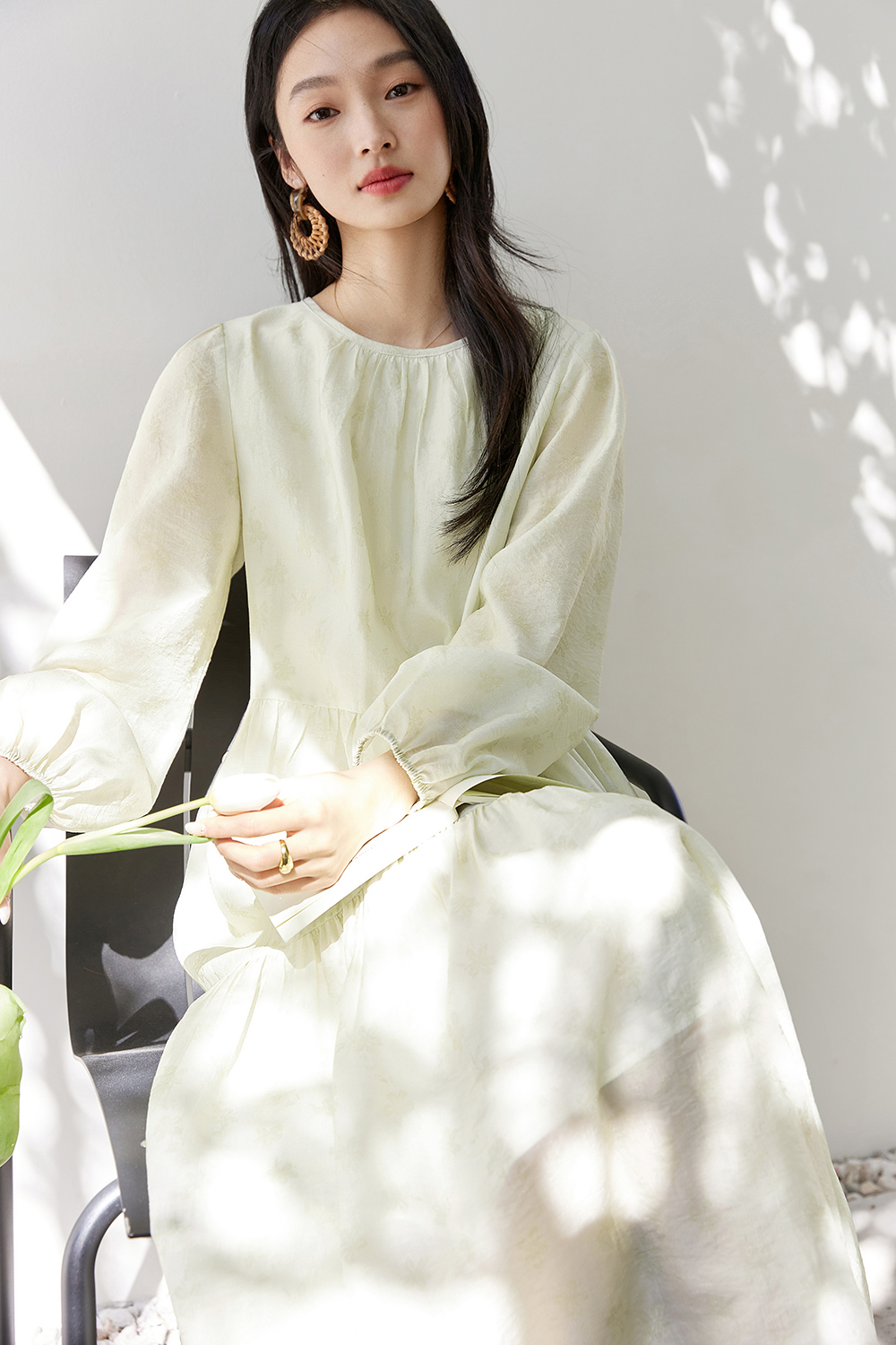 lyocell Embroidered Shift Dress with Bishop Sleeves-VIMLYSTORE