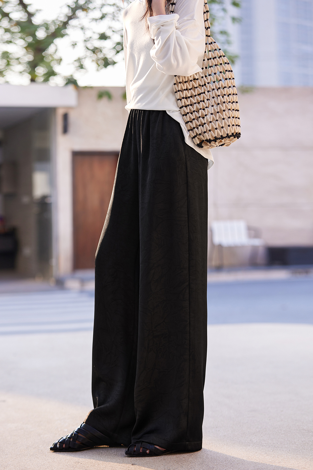 Elastic-Waist Wide-Leg Trousers with Fluid Drape-VIMLYSTORE