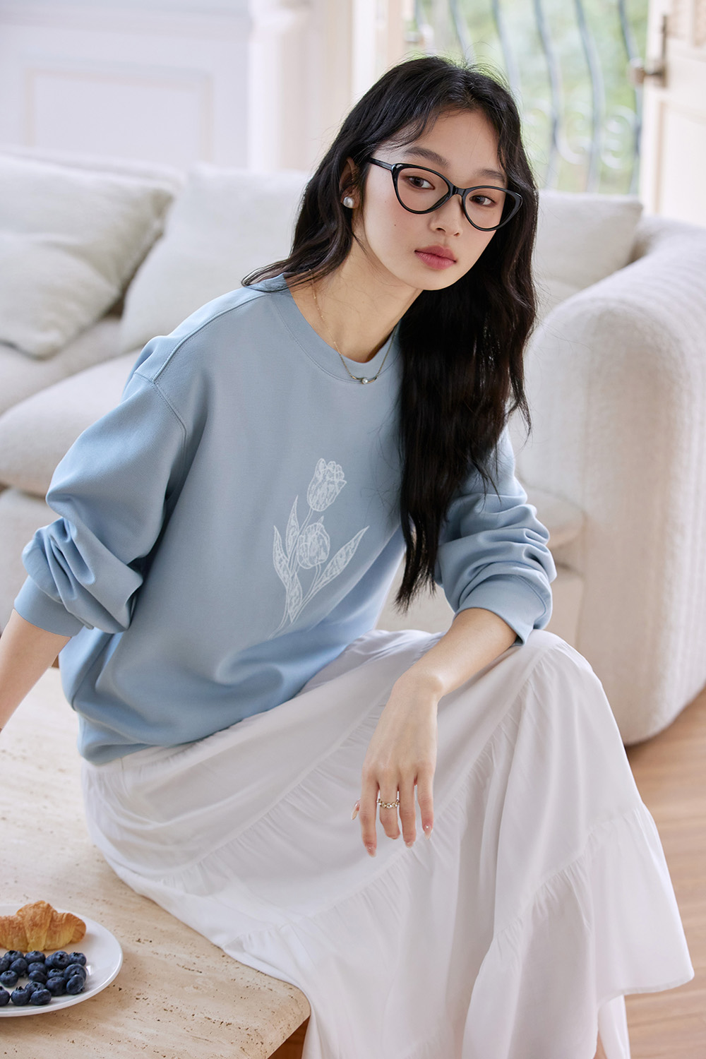 Sky Blue Tulip-Sleeve Oversized Pullover-VIMLYSTORE