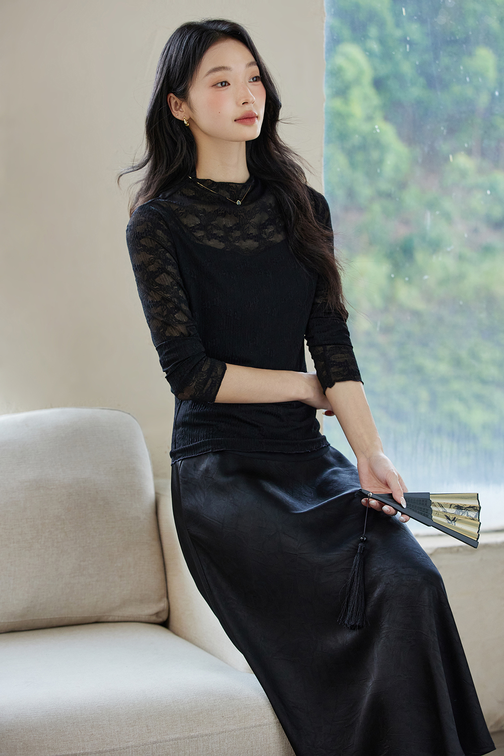 Slim-fit Layering Semi-turtleneck Lace Long Sleeve T-shirt-VIMLYSTORE