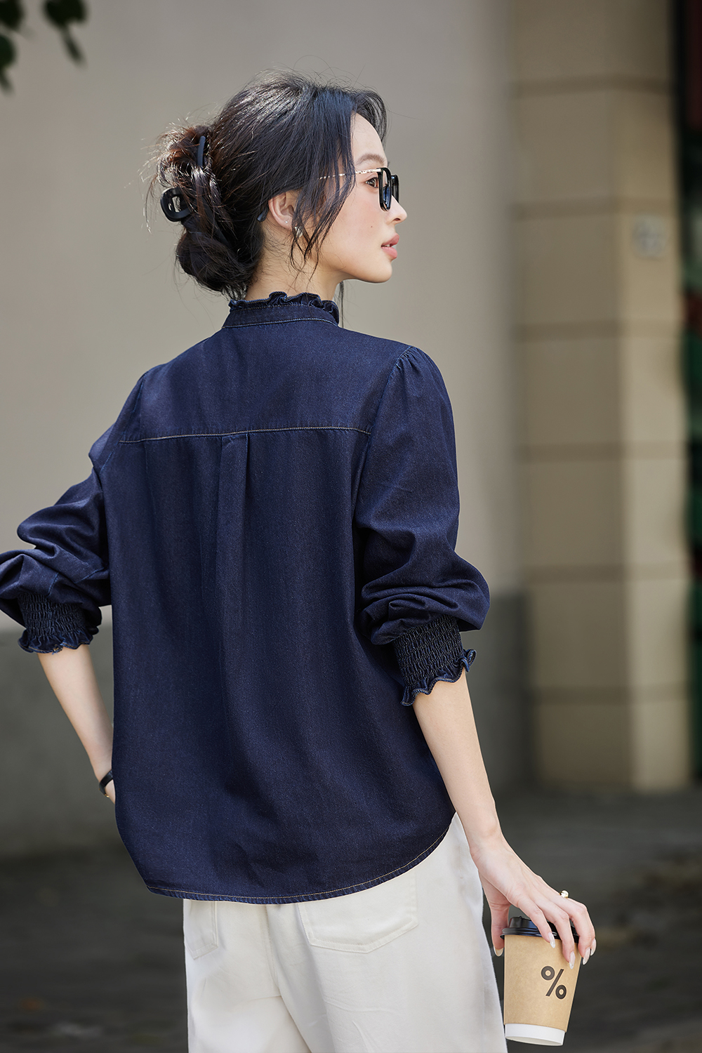 Designer Loose Stand-up Denim Long Sleeve Cotton Shirt-VIMLYSTORE