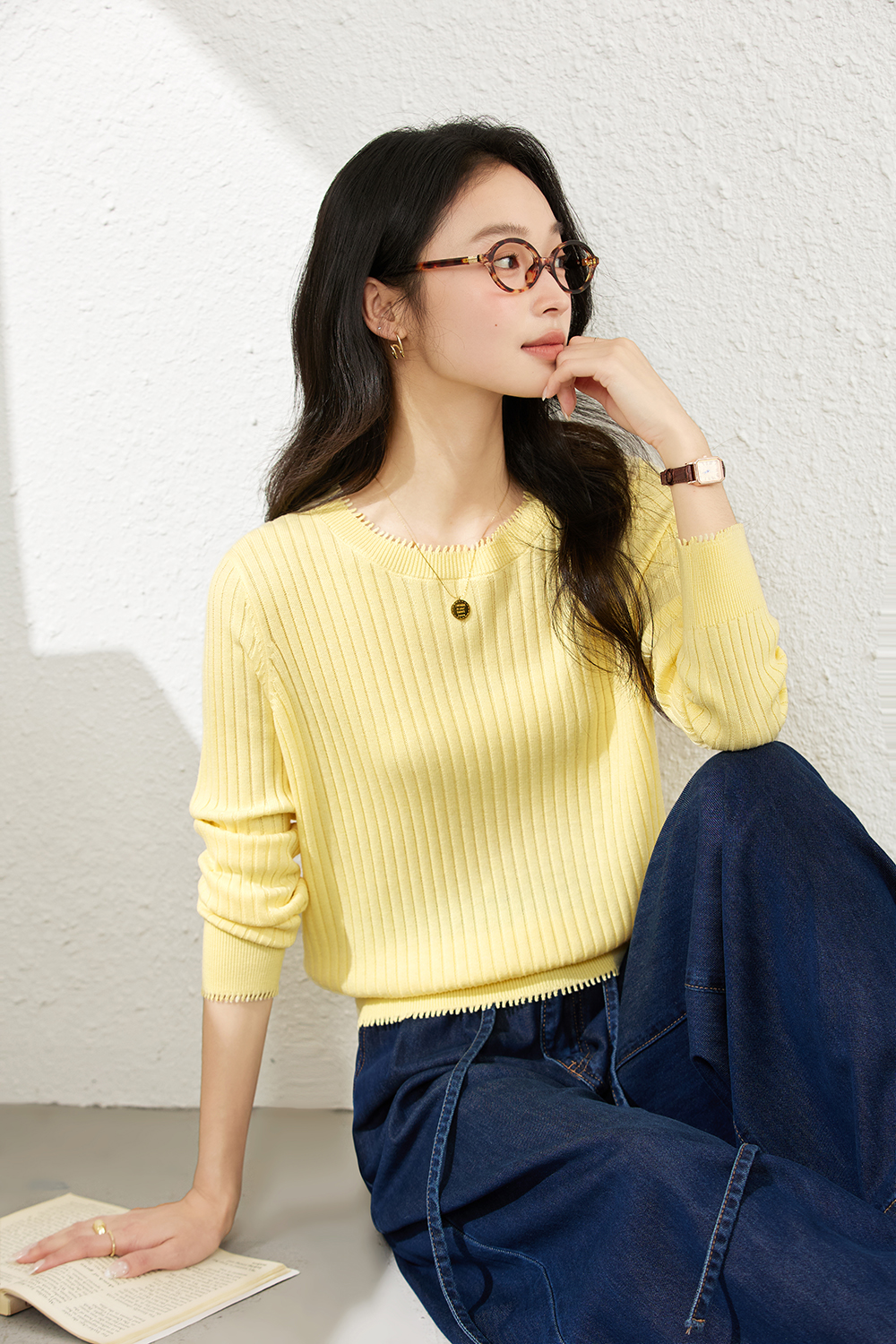 Ribbed Wool Blend Loose Round Neck Knitted Top-VIMLYSTORE