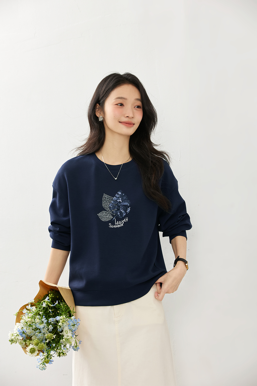 Elegant Slimming Embroidered Sequin Round Neck Long Sleeve Sweatshirt-VIMLYSTORE