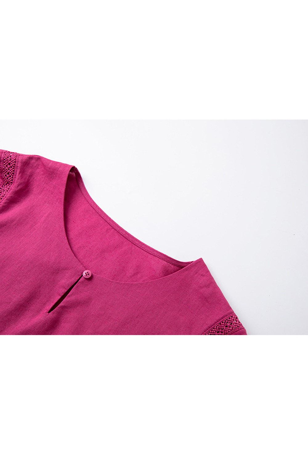 Stylish Raspberry Pink Lace Trim Round-Neck Blouse-VIMLYSTORE