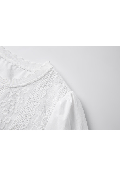 Casual Embroidered Puff-sleeve Cotton Top