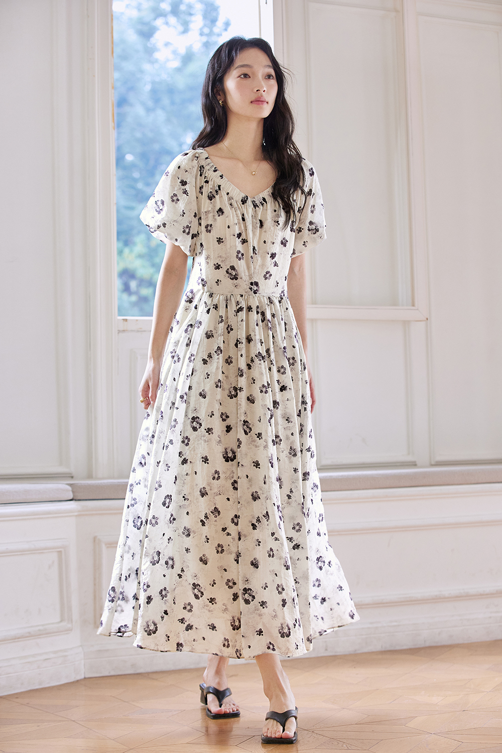 French Floral Soft V-Neck Puff Sleeve Slimming Maxi Dress