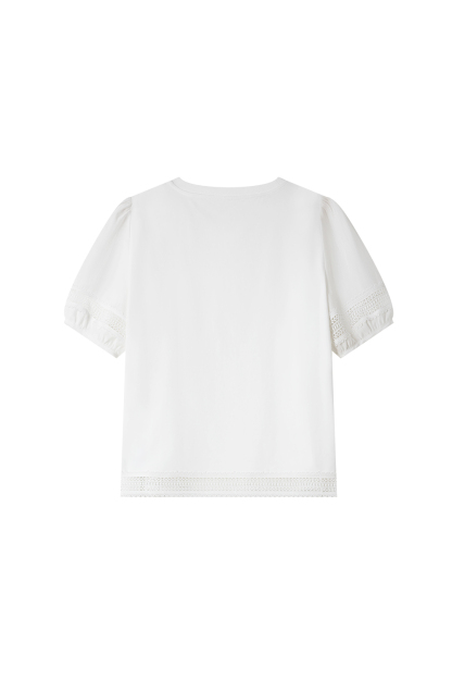 Lace Trim Lantern Sleeve Round Neck Short Sleeve T-Shirt-VIMLYSTORE