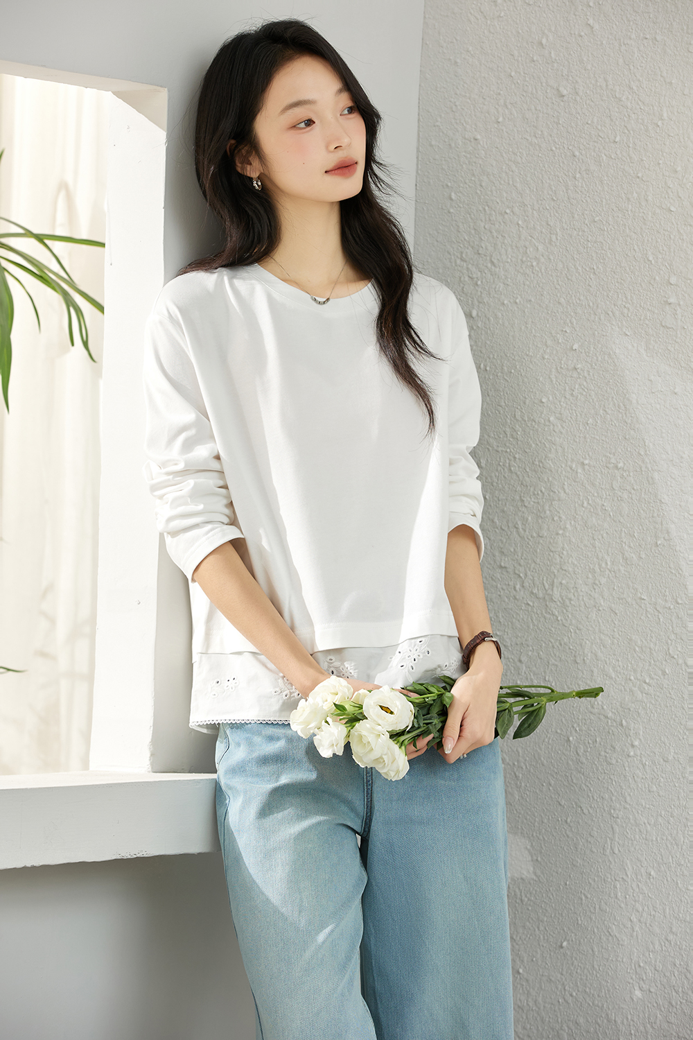 Cotton Eyelet-Embroidered Long-Sleeve Top-VIMLYSTORE