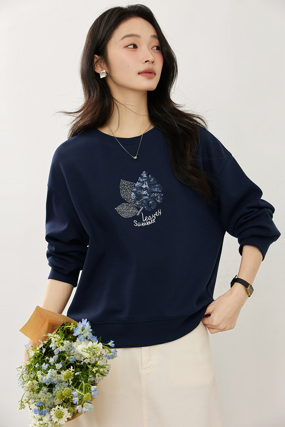 Elegant Slimming Embroidered Sequin Round Neck Long Sleeve Sweatshirt-VIMLYSTORE
