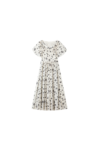 French Floral Soft V-Neck Puff Sleeve Slimming Maxi Dress