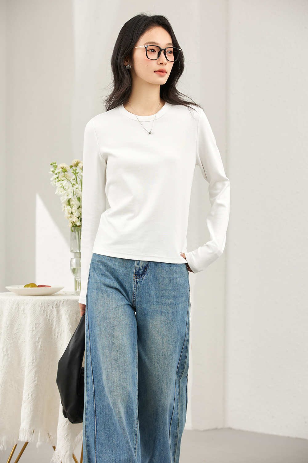 Lace-Insert Layering Tee with Pintuck Detail-VIMLYSTORE