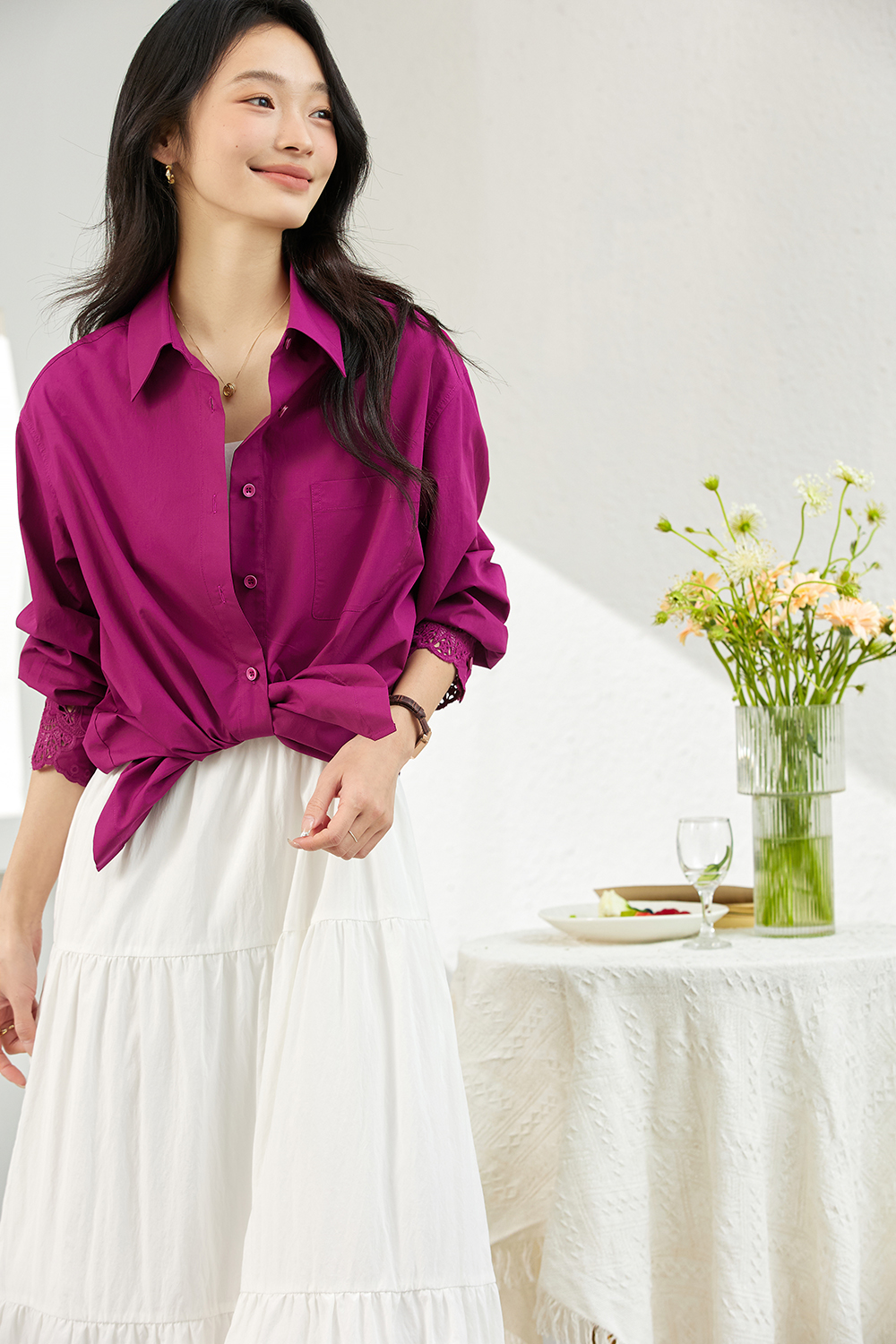 Artistic Cutwork Notch-Collar Blouse-VIMLYSTORE