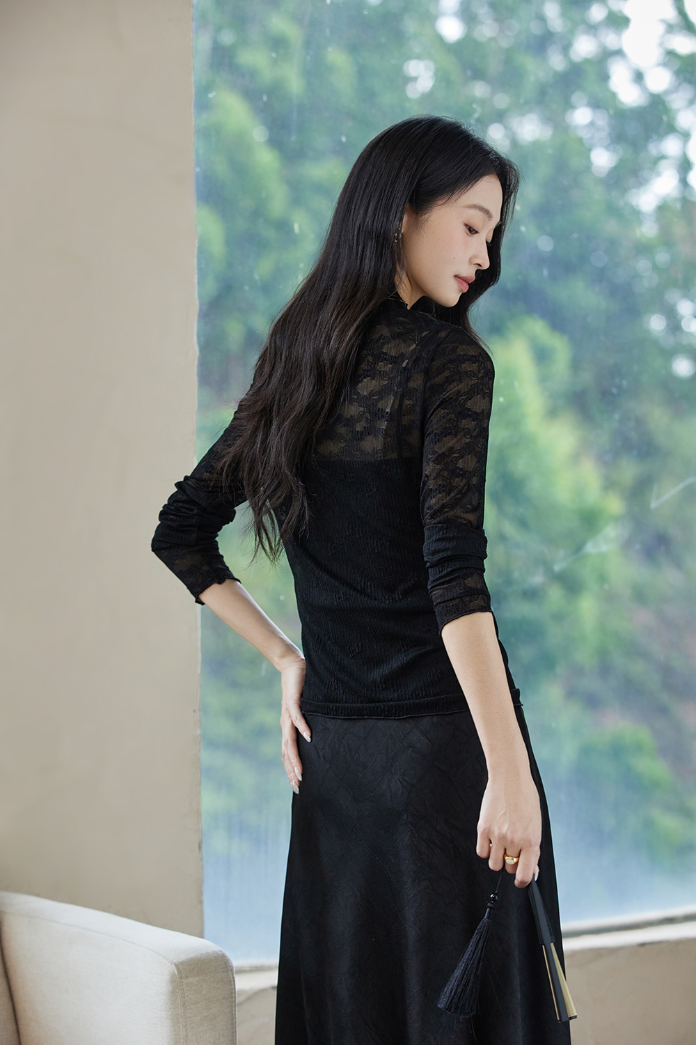 Slim-fit Layering Semi-turtleneck Lace Long Sleeve T-shirt-VIMLYSTORE