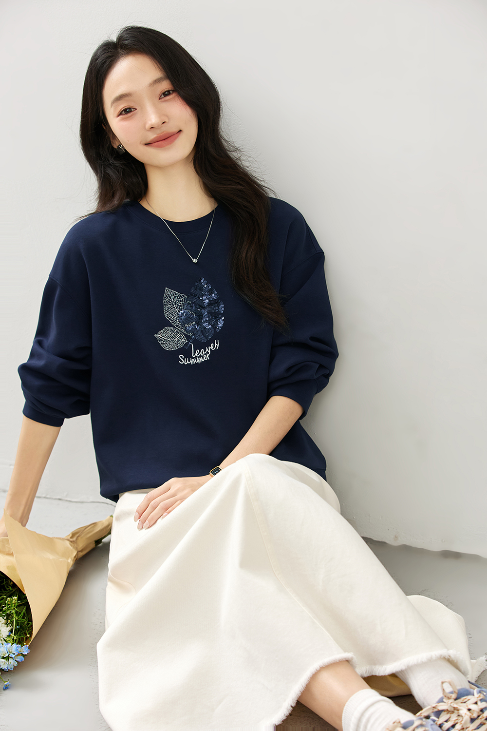 Elegant Slimming Embroidered Sequin Round Neck Long Sleeve Sweatshirt-VIMLYSTORE