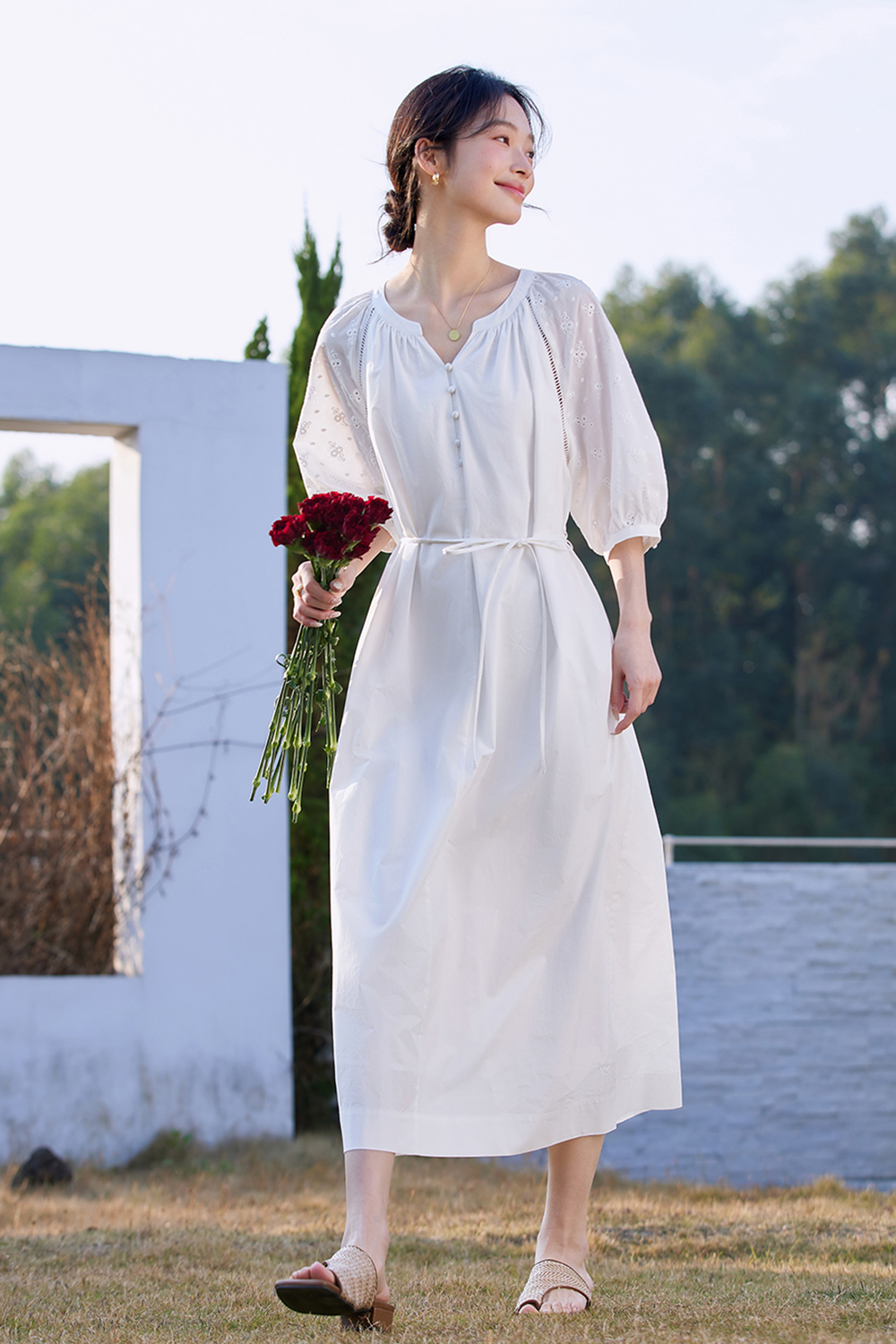 Breathable Floral Embroidery V-Neck Slimming Maxi Dress-VIMLYSTORE