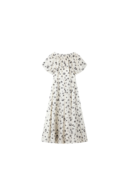French Floral Soft V-Neck Puff Sleeve Slimming Maxi Dress