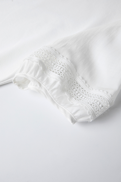 Lace Trim Lantern Sleeve Round Neck Short Sleeve T-Shirt-VIMLYSTORE