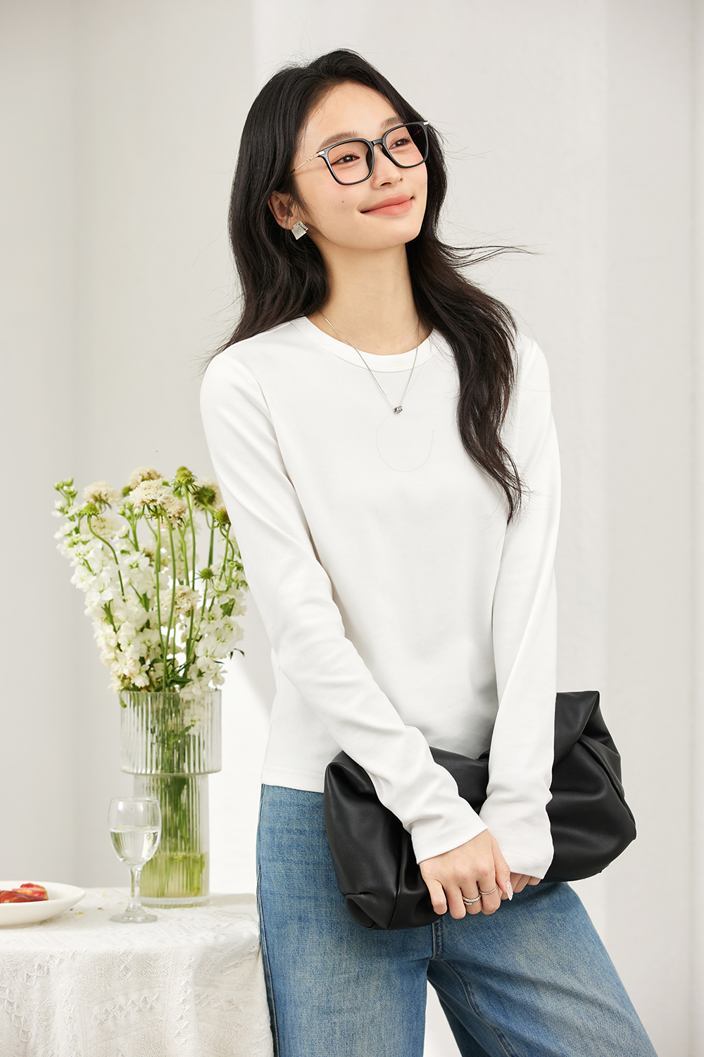 Lace-Insert Layering Tee with Pintuck Detail-VIMLYSTORE