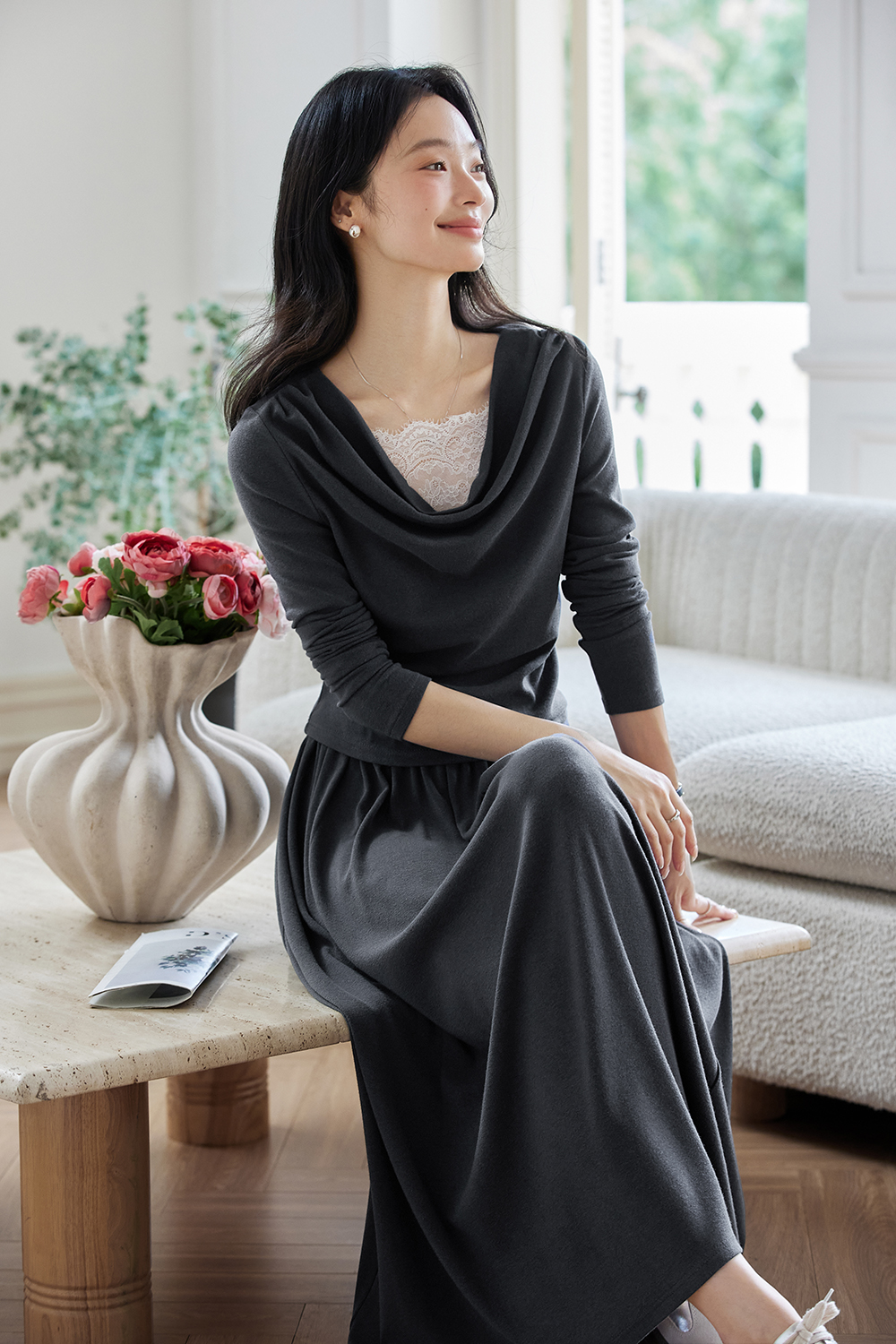 Vacation-Ready Gray Cowl-Neck Lounge Set