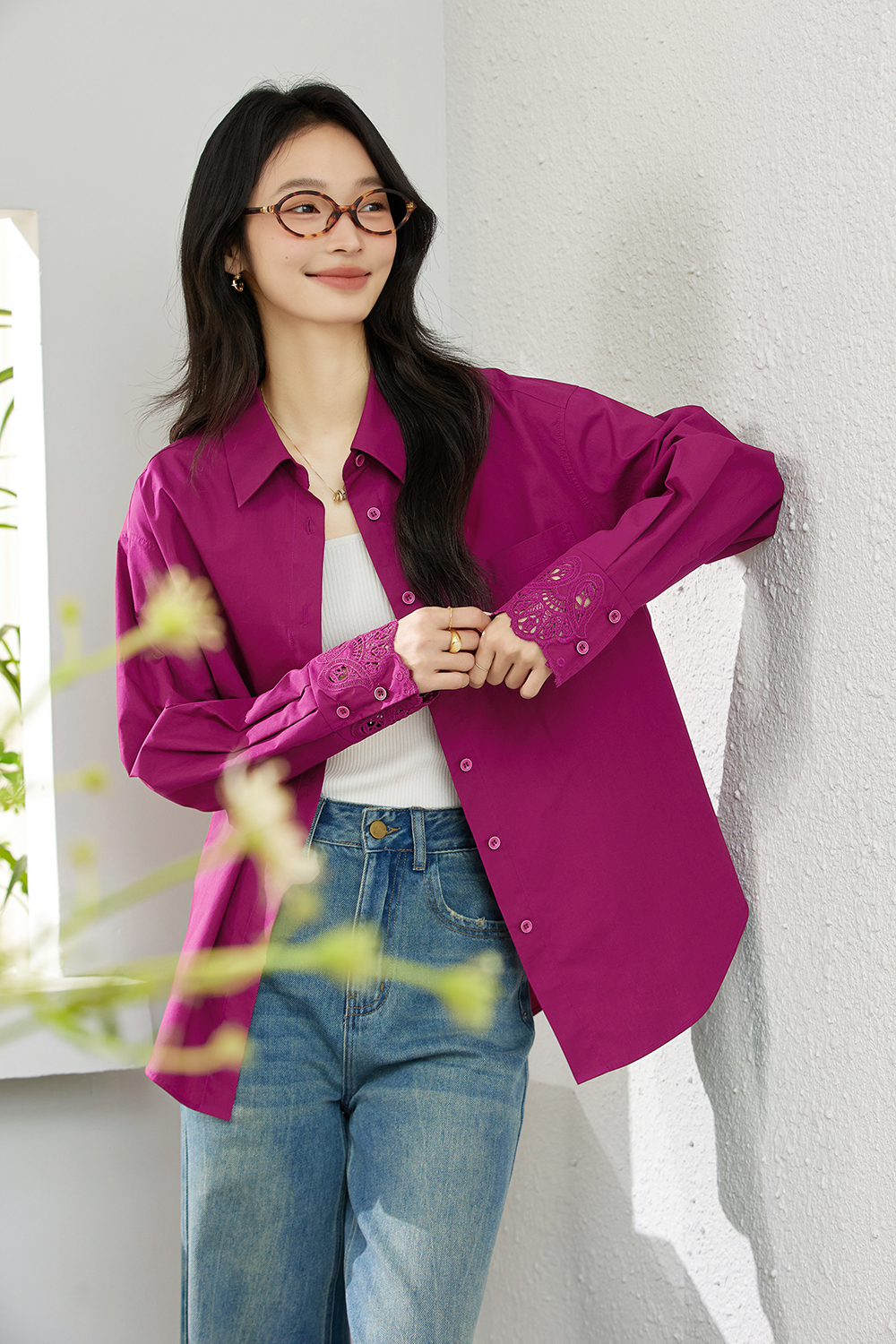 Artistic Cutwork Notch-Collar Blouse-VIMLYSTORE