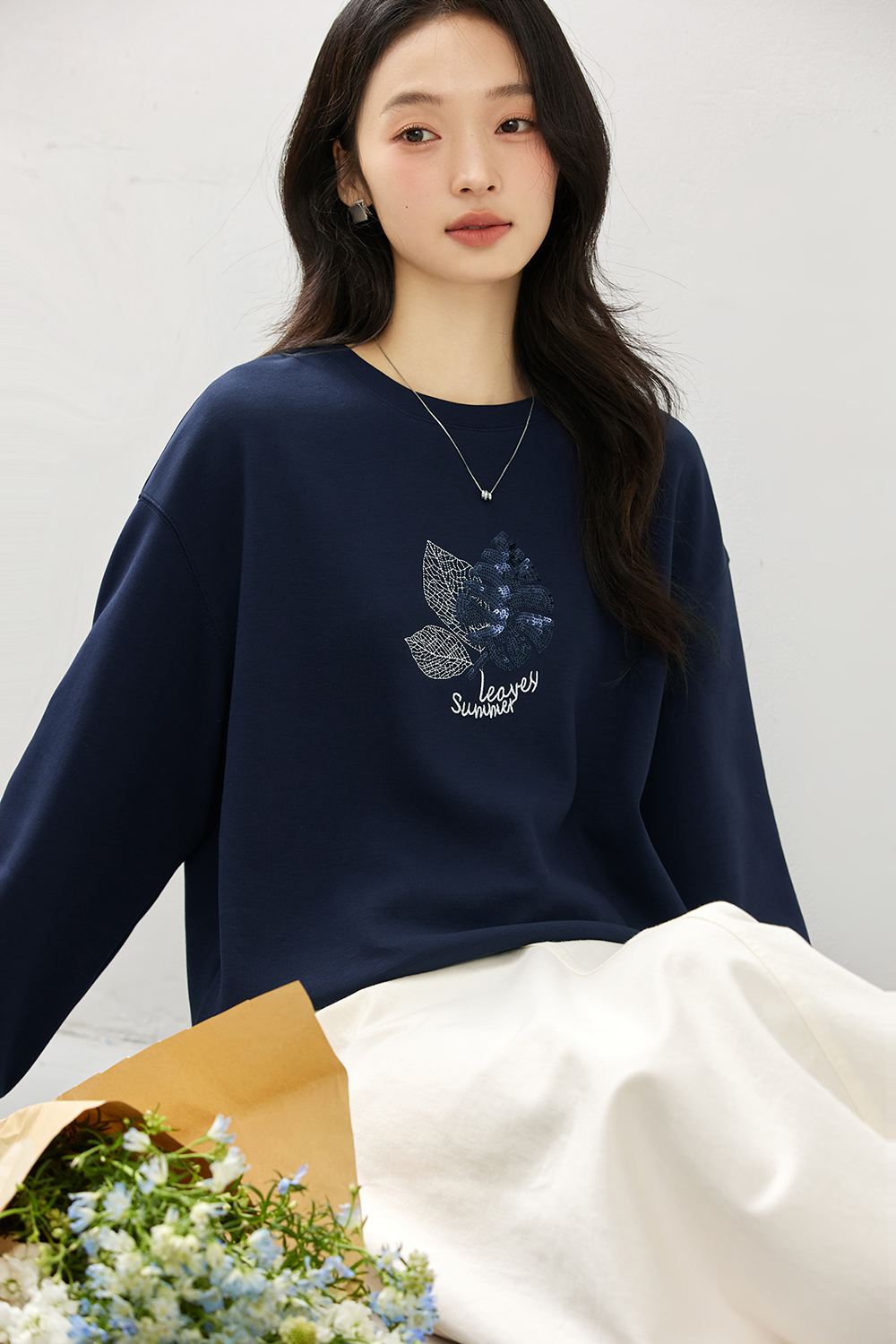 Elegant Slimming Embroidered Sequin Round Neck Long Sleeve Sweatshirt-VIMLYSTORE