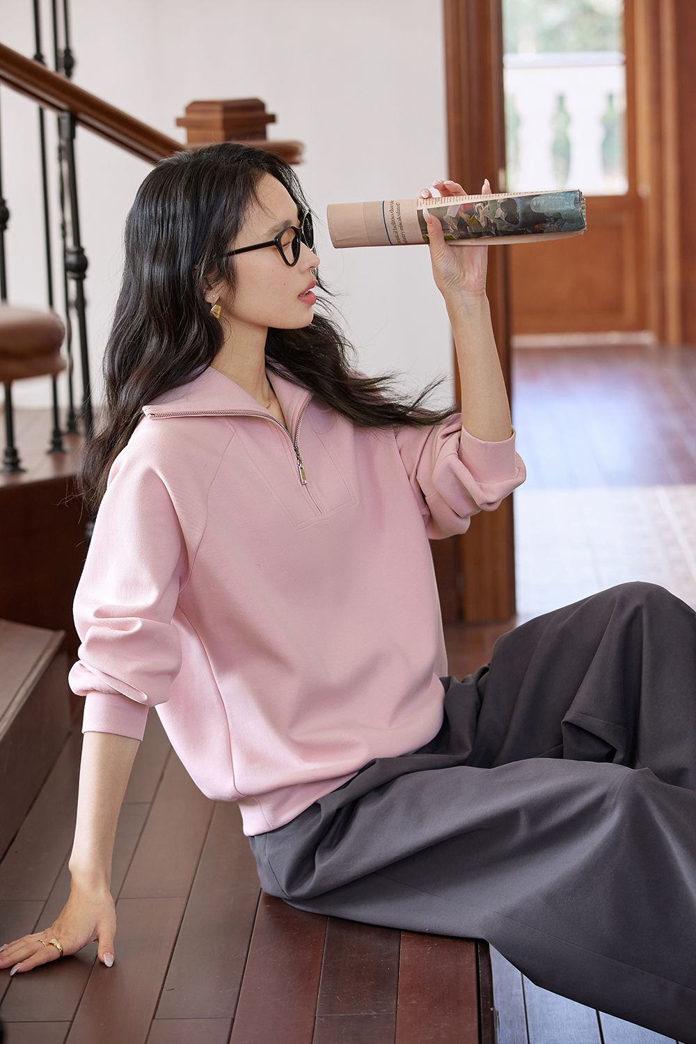 Retro Zip-Collar Pullover Sweatshirt-VIMLYSTORE