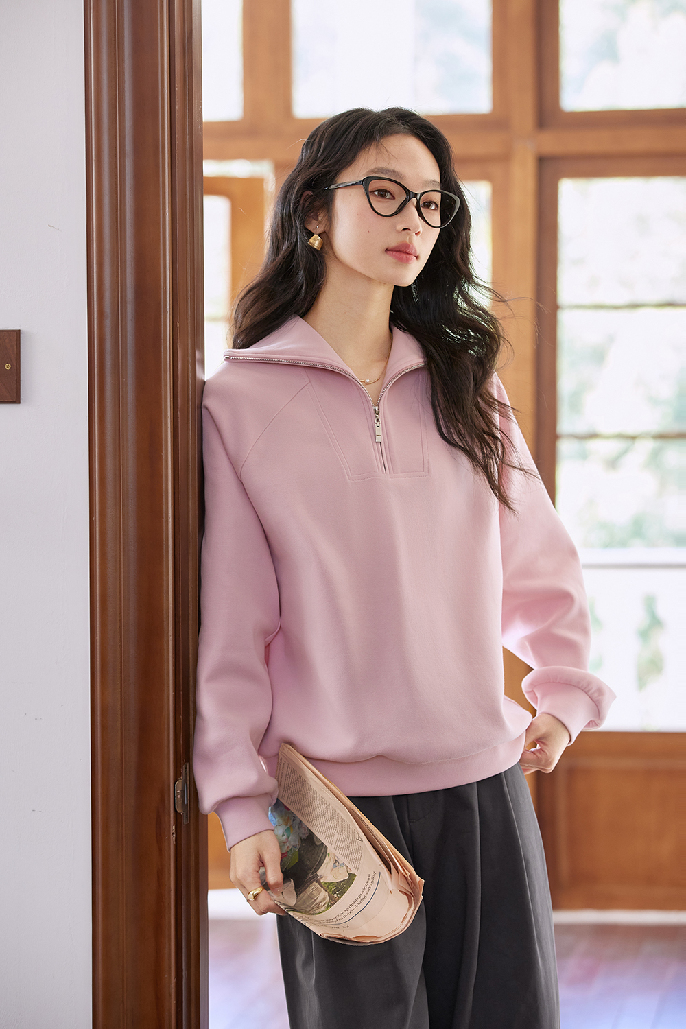 Retro Zip-Collar Pullover Sweatshirt-VIMLYSTORE