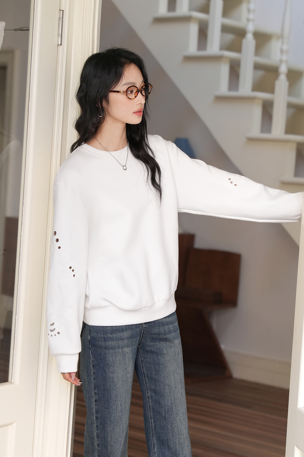 Openwork-Embroidered Oversized Sweatshirt-VIMLYSTORE