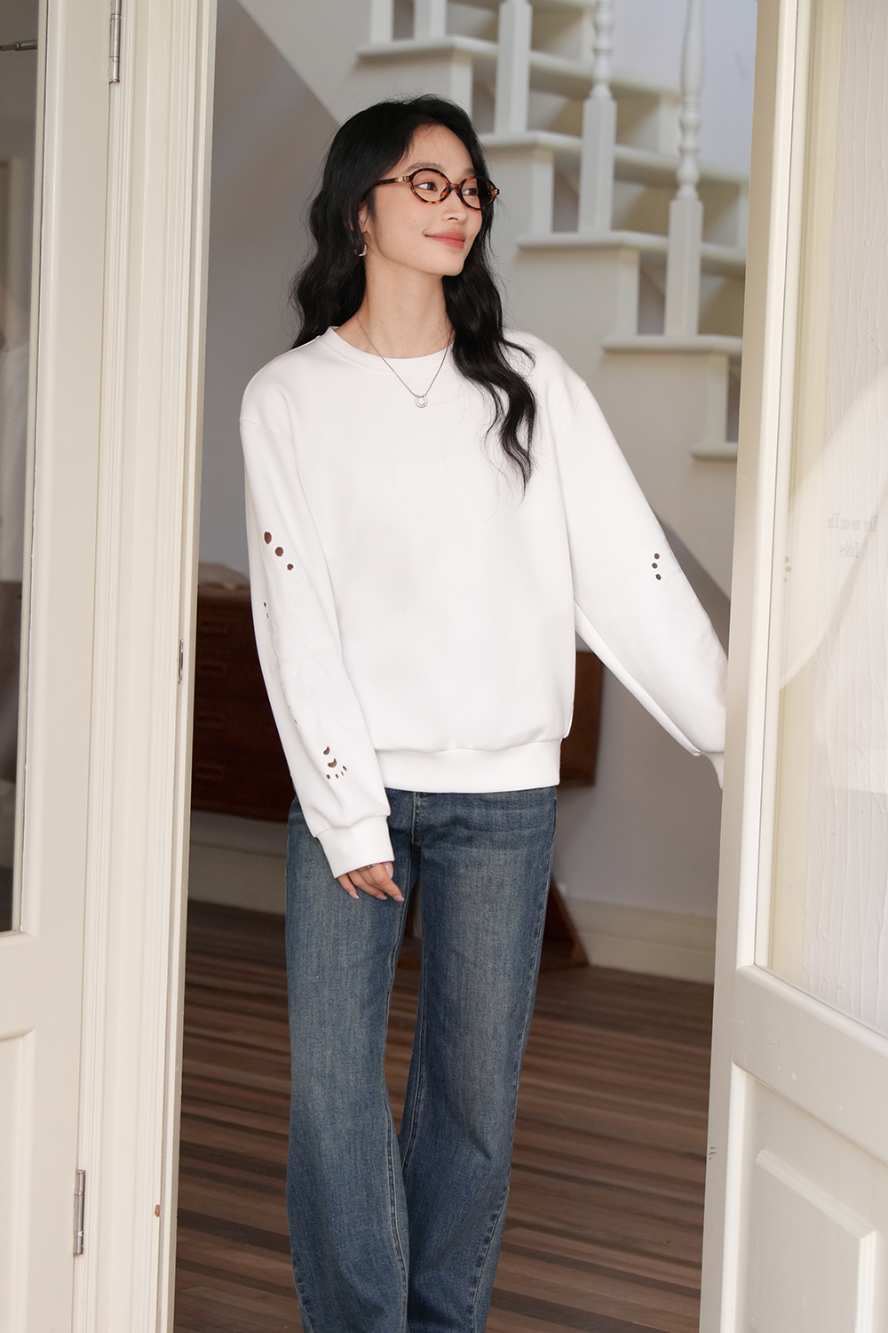 Openwork-Embroidered Oversized Sweatshirt-VIMLYSTORE