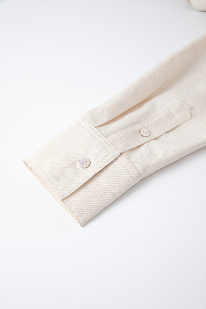 Oatmeal Oversized Shirt with Dual-Button Cuff Detail-VIMLYSTORE