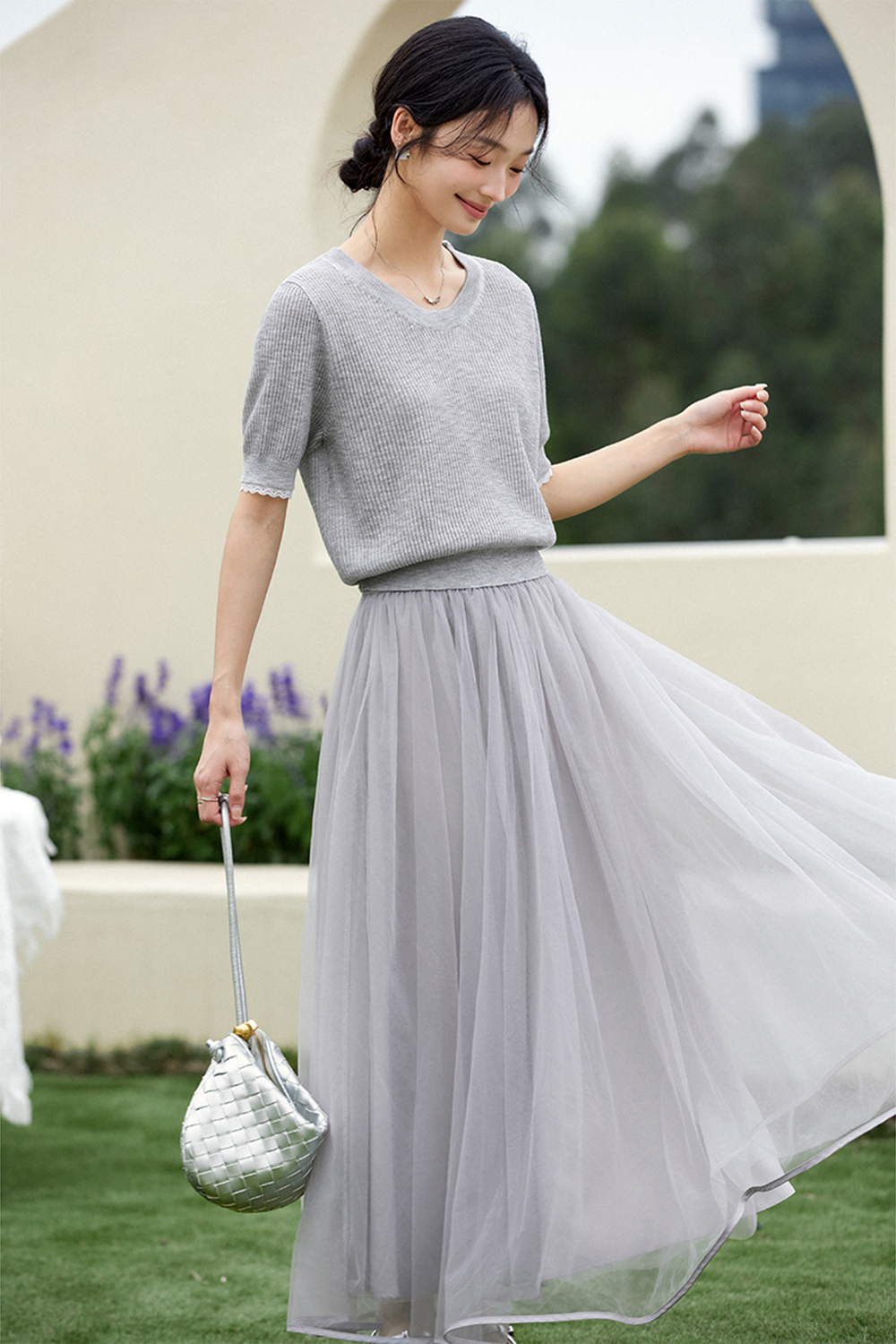 Lace Splicing Top and Mesh dress Gentle Suit-VIMLYSTORE