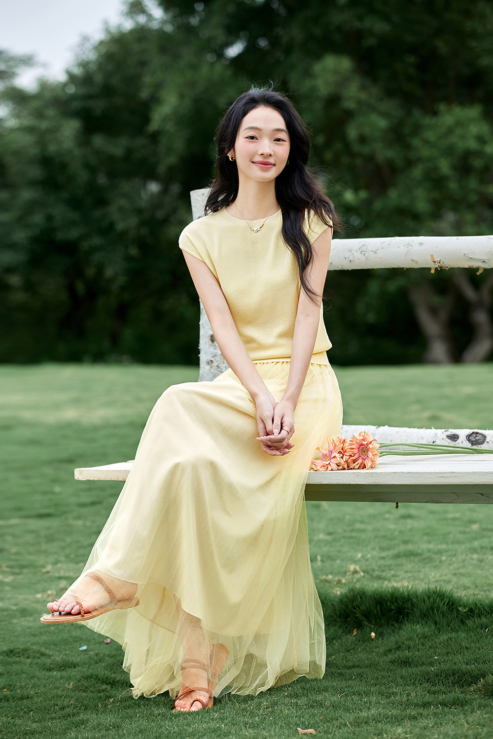 French-Inspired Lyocell Knit Top with Sheer Mesh Skirt Set-VIMLYSTORE