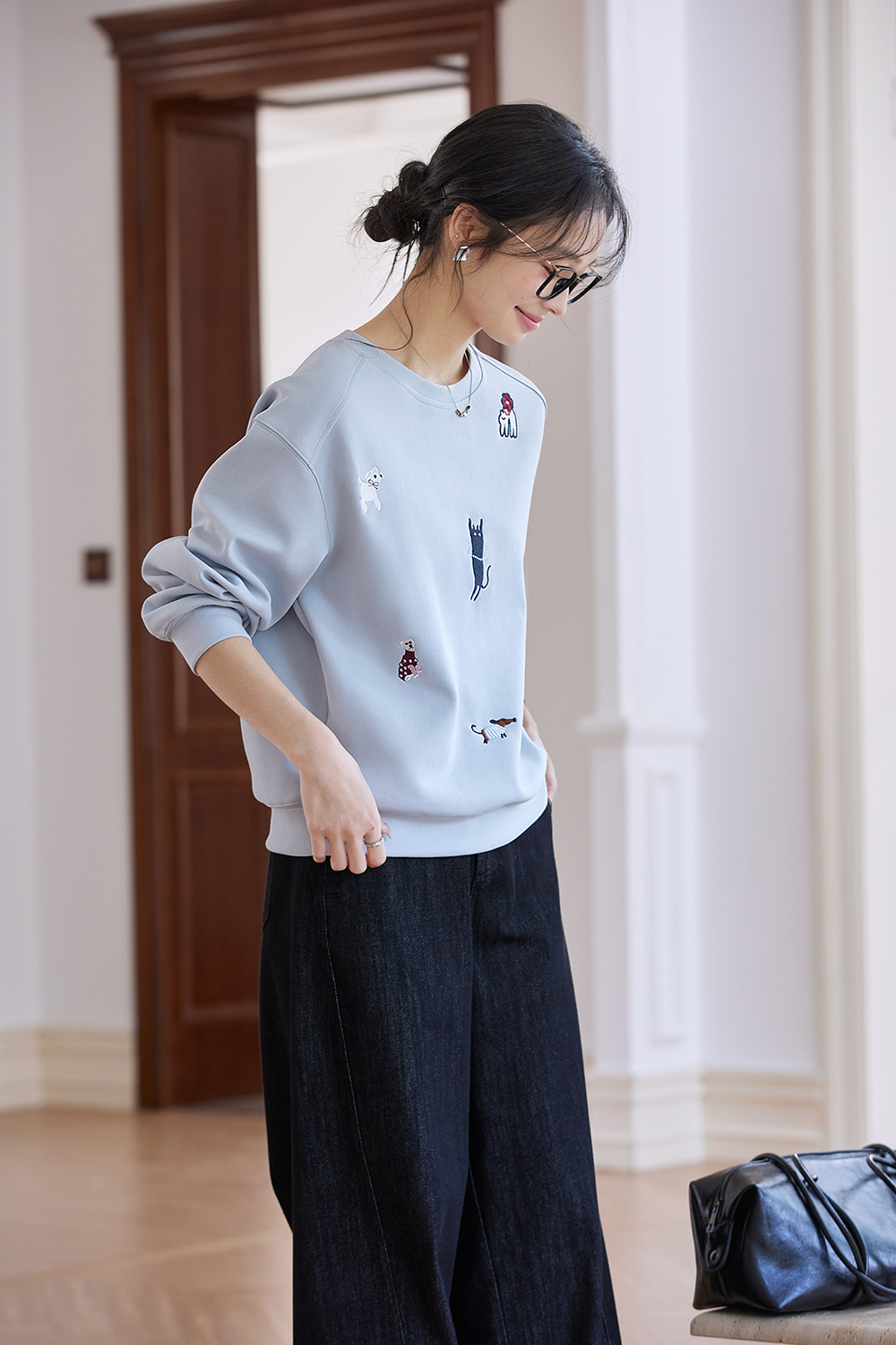 Mist Blue Crewneck Sweatshirt with Playful Cat & Dog Embroidery-VIMLYSTORE