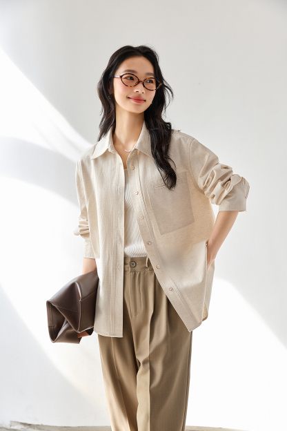Oatmeal Oversized Shirt with Dual-Button Cuff Detail-VIMLYSTORE