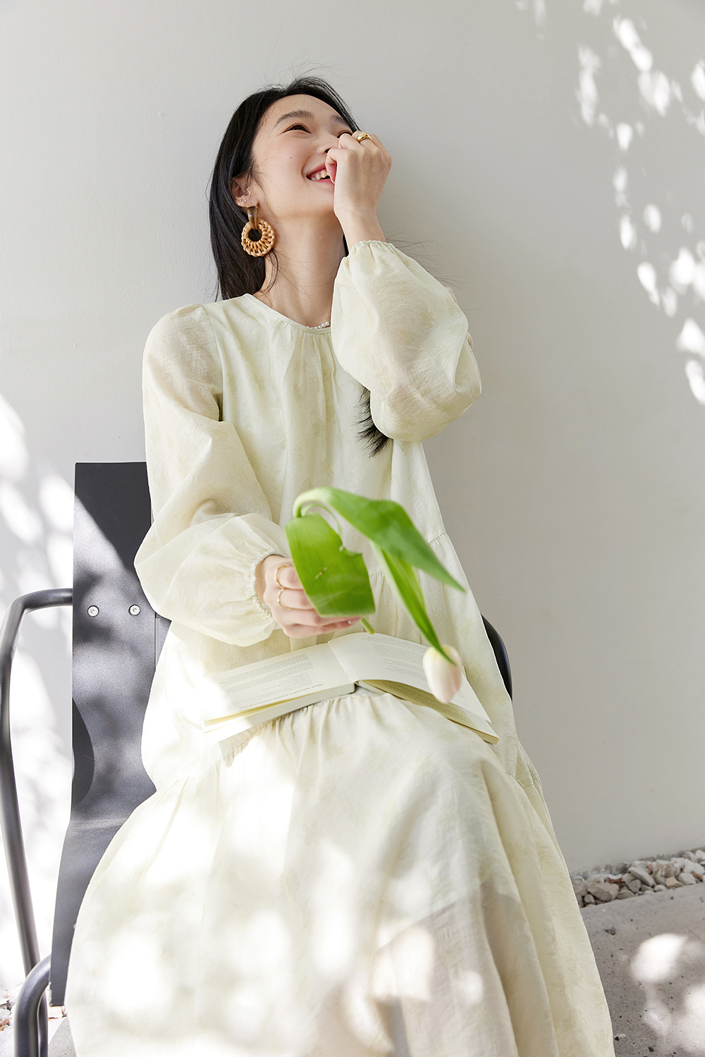 lyocell Embroidered Shift Dress with Bishop Sleeves-VIMLYSTORE