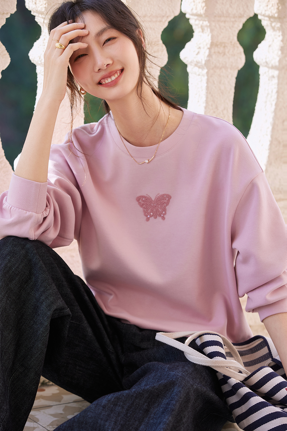 Butterfly-Embroidered Oversized Crewneck Sweatshirt-VIMLYSTORE