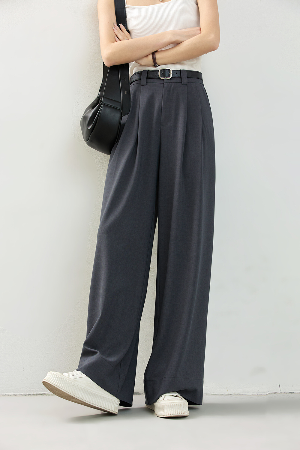 Pleated Wide-Leg Dress Pants with Relaxed Waist-VIMLYSTORE